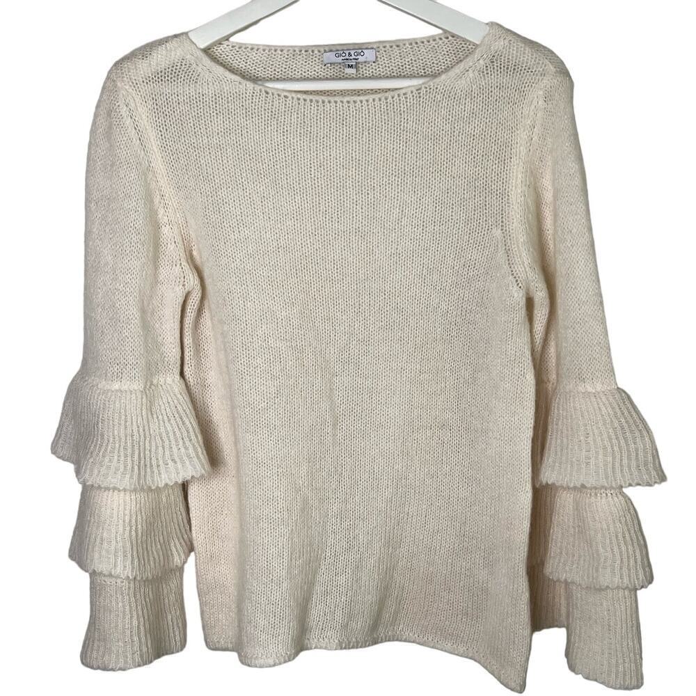 Gio & Gio Tiered Sleeve Boat Neck Knit Pullover Sweater White Women's Size M